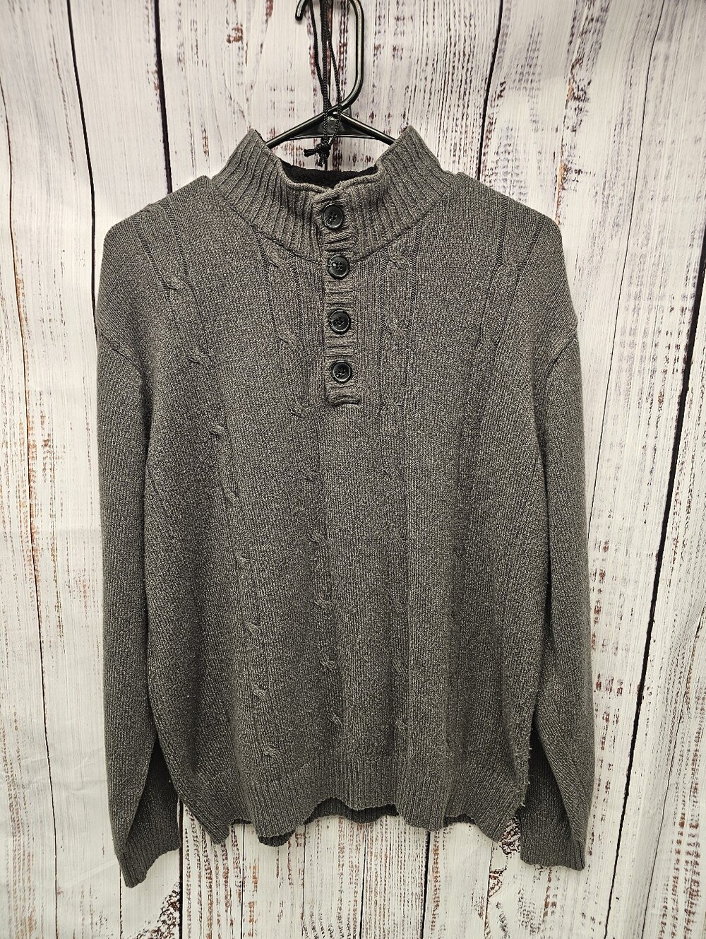Oscar de la Renta Men's Size L Gray Sherpa Lined Cable Knit Mock Neck Sweater